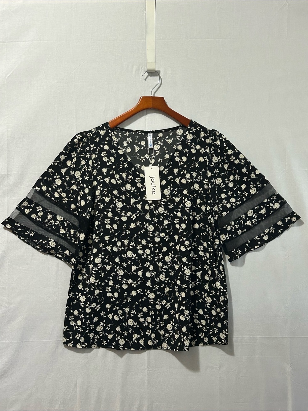 Jouica - Black & Ivory Floral Short Sleeve Blouse with Sheer Stripe Sleeves
